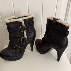 Call It Spring Black Faux-Leather Buckle Sherpa Ankle Boots